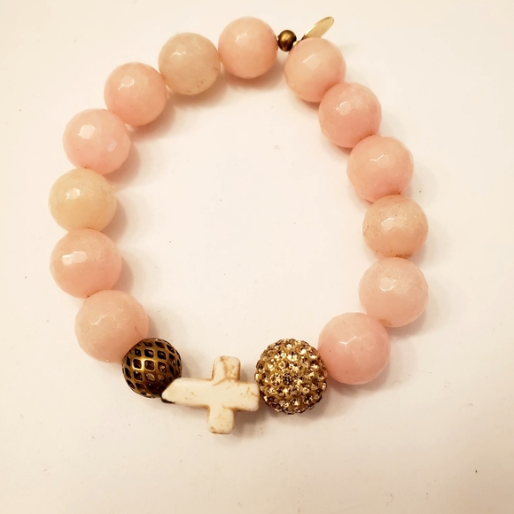 Gemelli Pink Beaded Stone Bracelet, Faceted Stones, Cross, Stretch - Picture 5 of 5